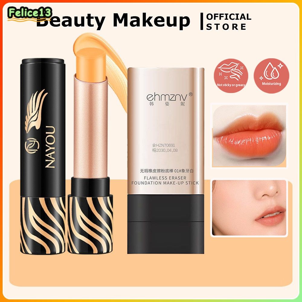 ชุดแต่งหน้า 2 ชิ้น Nayou ลิปบาล์มเปลี่ยนสีสามสี แคโรทีน มอบความชุ่มชื้น รองพื้นปกปิดเต็มรูปแบบ เมคอั