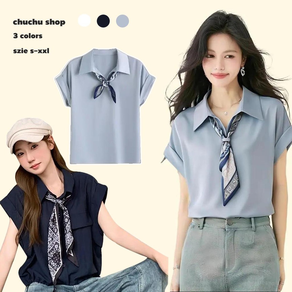 mimi&didi#เสื้อเชิ้ตแขนสั้นผ้าซาตินฝรั่งเศส ทรง OL มืออาชีพ ผู้หญิง ผ้าพันคอหลวม สง่างามและมีเกียรติ ระบายอากาศได้#99159