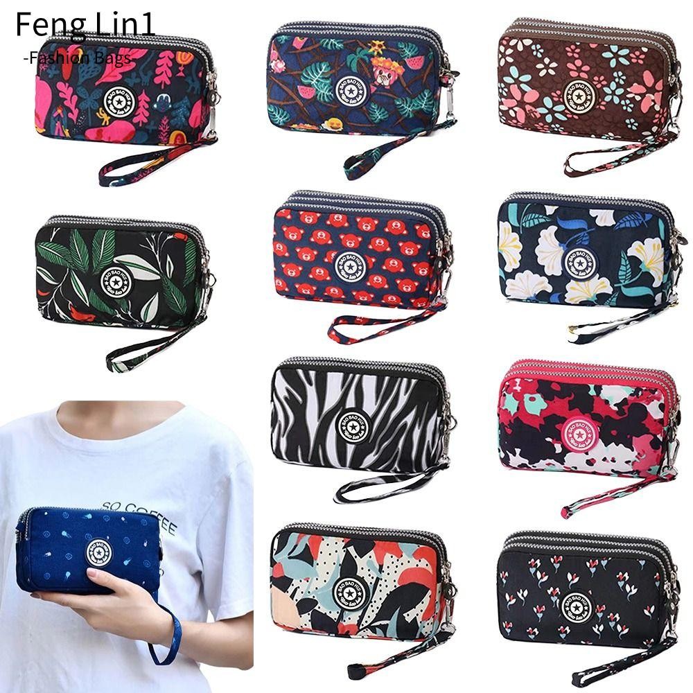 กระเป๋าใส่เหรียญ FLIN ผ้าพิมพ์ลายดอกไม้ ซิปกันน้ํา จุของได้เยอะ ช่องแยก 3 ช่อง
