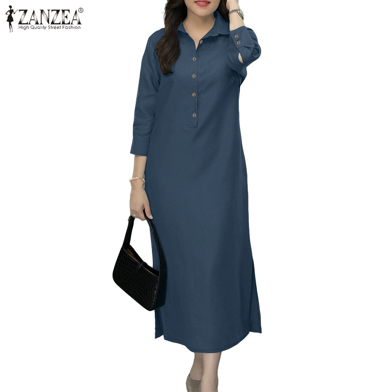ZANZEA เสื้อวันหยุดสไตล์เกาหลี สำหรับผู้หญิง แขนสั้น 3/4 ออกแบบ Placket ปุ่มหน้าอก