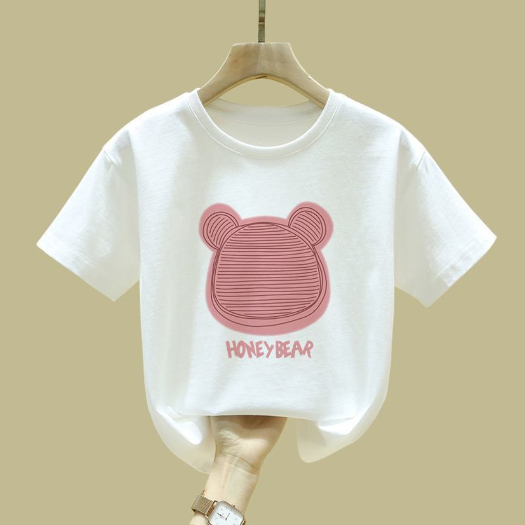 เสื้อยืดแขนสั้นเด็กผู้หญิงผ้าฝ้ายหลวมฤดูร้อนใหม่เสื้อผ้าเด็กเสื้อแขนสั้นสีชมพูเก๋ๆ