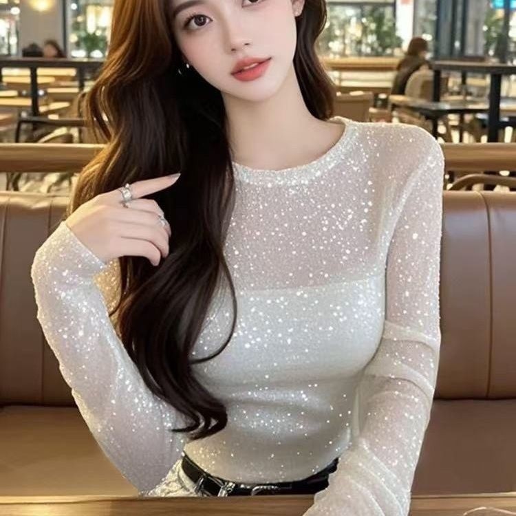 French Stretching Soft Gauze Shiny Sparkling Gauze Top Royal Sister Female Light Luxury Classy Daughtering Slim