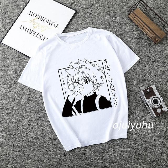 ผ้าฝ้าย 100% เสื้อยืดคอกลม แบบนิ่ม พิมพ์ลายการ์ตูนอนิเมะ Kawaii Hunter X Hunter Killua Zoldyck สําหรับผู้ชาย และผู้หญิง