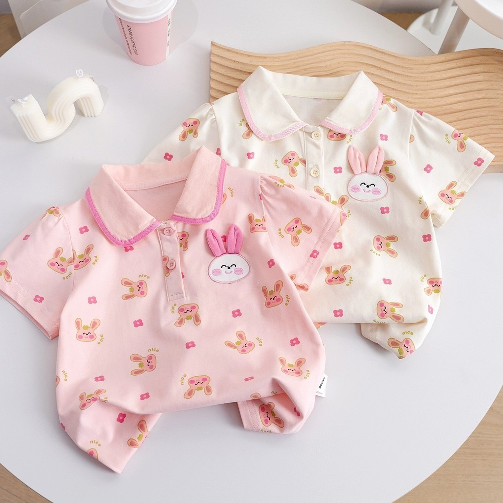 (6m-8Y) เสื้อเด็กหญิงผ้าฝ้ายเสื้อยืดเด็กเสื้อโปโลเด็กเสื้อผ้าฤดูร้อนสบายๆแขนสั้นกระต่ายน่ารักพิมพ์เด็กเสื้อ