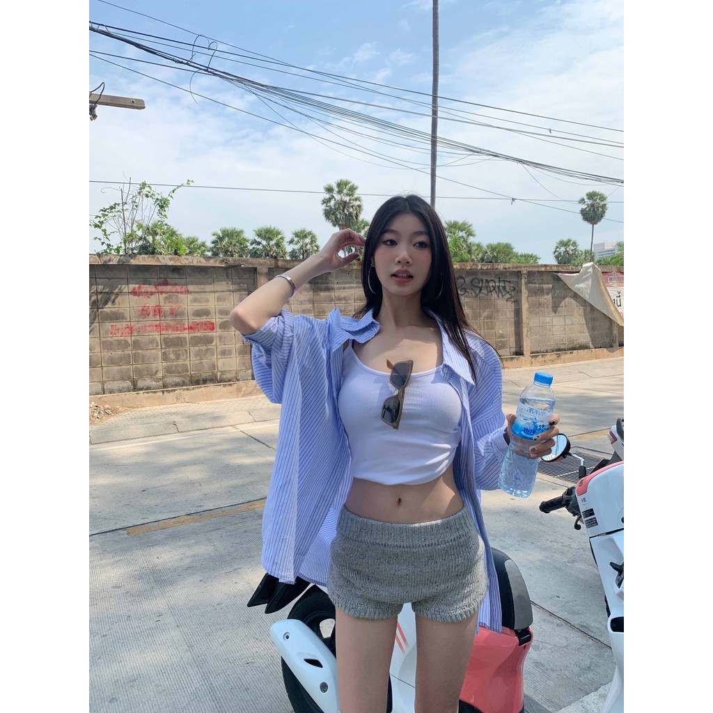 ❣Fortunee ❣เสื้อคลุมลายสีฟ้าแขนยาวกันแดด วันหยุดสบายๆ สไตล์เกาหลี เข้ากับเสื้อข้างในที่กระชับสัดส่วน