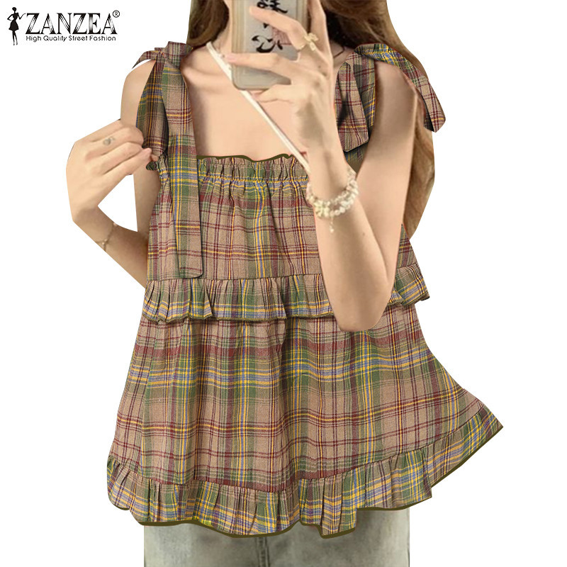 Zanzea ผู้หญิงเกาหลีลําลองแขนกุด Checkered Ruffle Spliced หลวมถัง