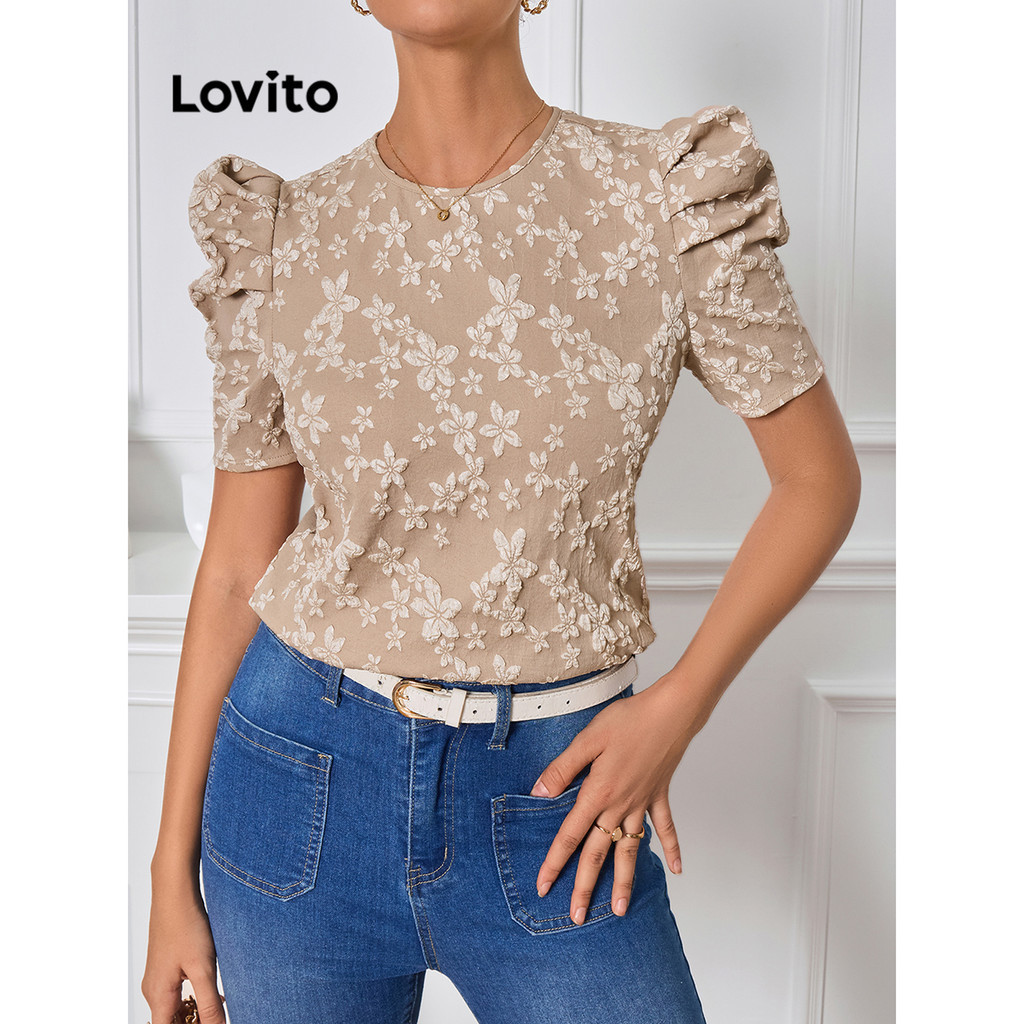 Lovito เสื้อเบลาส์ผู้หญิง ผ้าแจ็คการ์ด สีพื้น สไตล์หรูหรา LBL14036