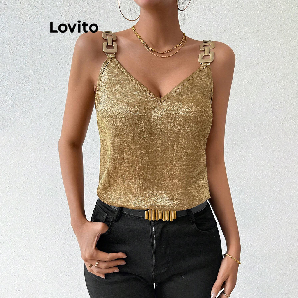 Lovito เสื้อแขนกุดผู้หญิง แต่งโซ่ กลิตเตอร์ สีพื้น สไตล์หรูหรา LBL14189