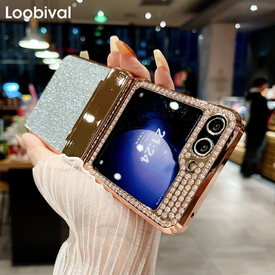 Z Flip6 Electroplate Glitter บานพับเพชร 2in1 เคสโทรศัพท์สําหรับ Samsung Galaxy Zflip5 Z Flip 6 5 4 3 Flip4 เงากันกระแทก