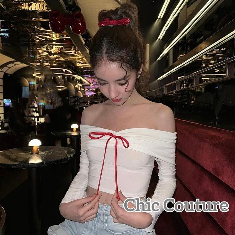 Wlmz-ผู้หญิง Basic Off-Shoulder Tops Casual Bow Ruched เสื้อแขนยาวPullover สําหรับ Club Streetwear ความงามเสื้อผ้า