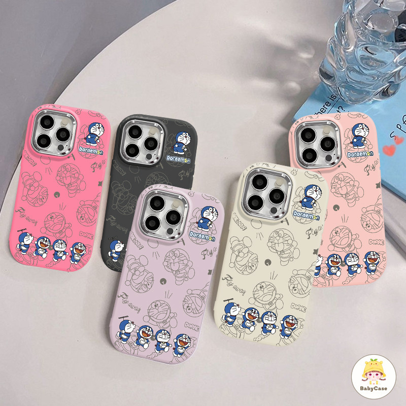 เล่นน่ารักลายกราฟฟิตี้โดราเอมอนเลนส์โลหะชุบหรูหรานุ่ม เคส Iphone 15 11 14 13 12 Pro Max X XR XS Max 8 7 15 Plus SE 2020