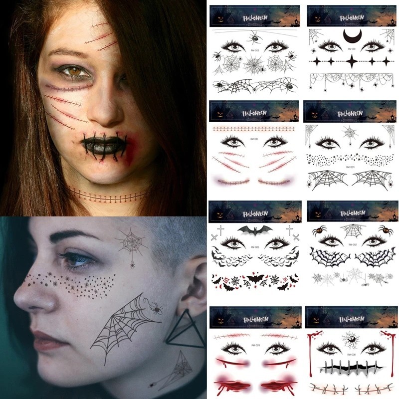 1sheep ใหม่ฮาโลวีน Water Transfer Tattoo สติกเกอร์ Horrible Spider Web Scar แต่งหน้า Party Face รอยส
