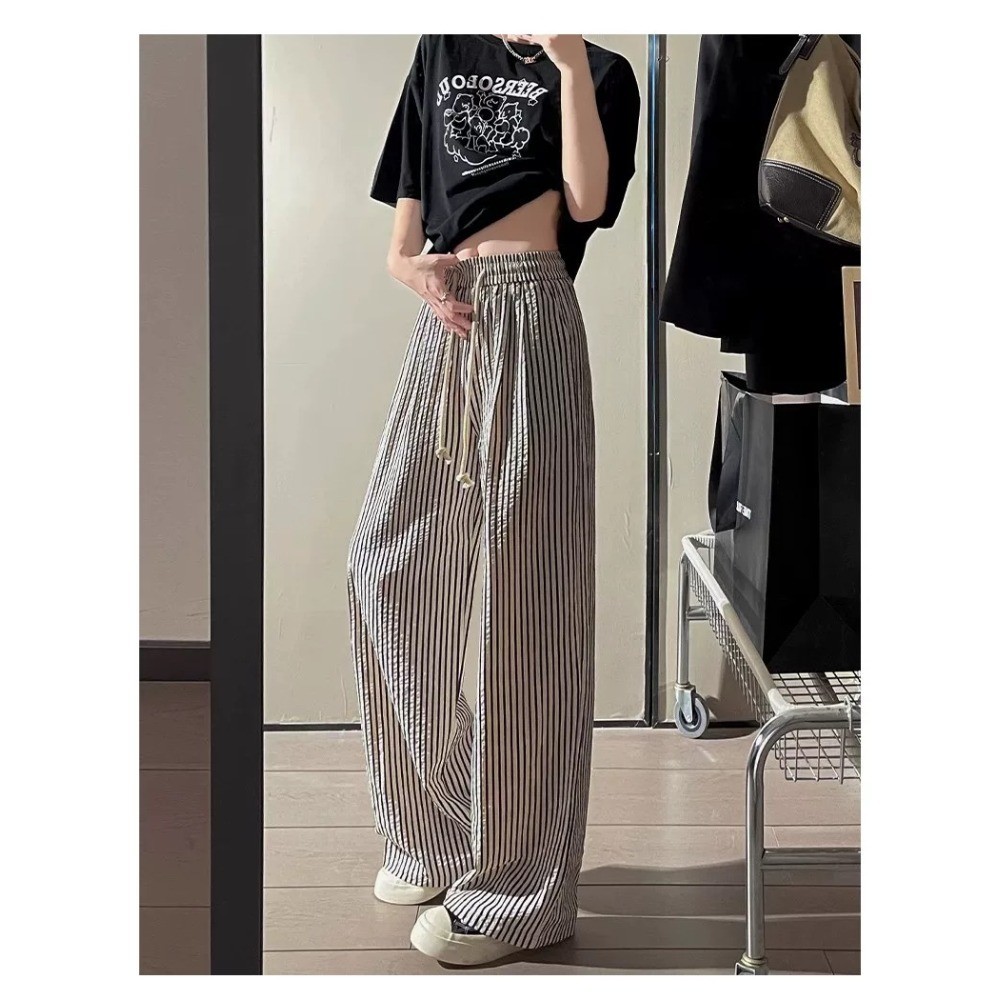 ShineSatin จัดส่งในกรุงเทพฯ ผู้หญิงฤดูร้อนแนวตั้งลายเส้นหลวมแสดงผอมกางเกงลำลองตรง