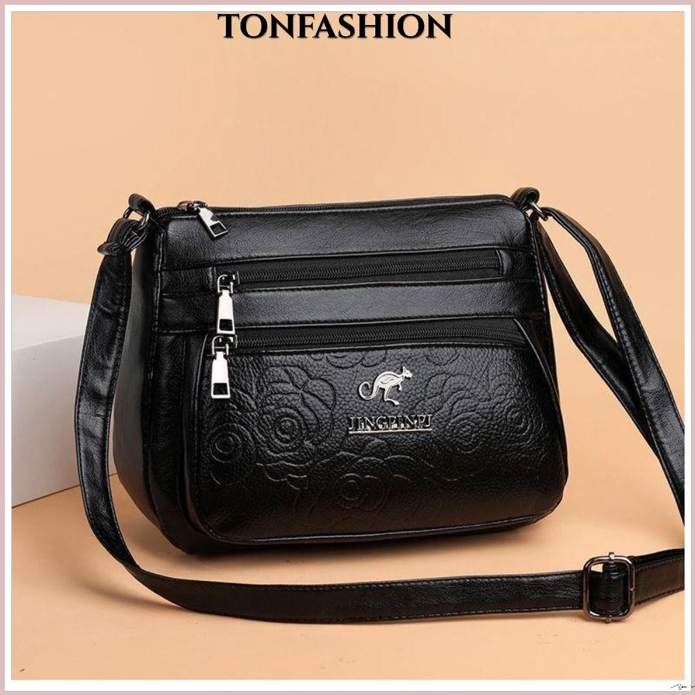 Tonfashion ซื้อกระเป๋าผัก,หนัง PU หลายชั้นกระเป๋าแม่วัยกลางคน,สีดําหรูหราความจุขนาดใหญ่ไหล่กระเป๋า Messenger ผู้หญิง