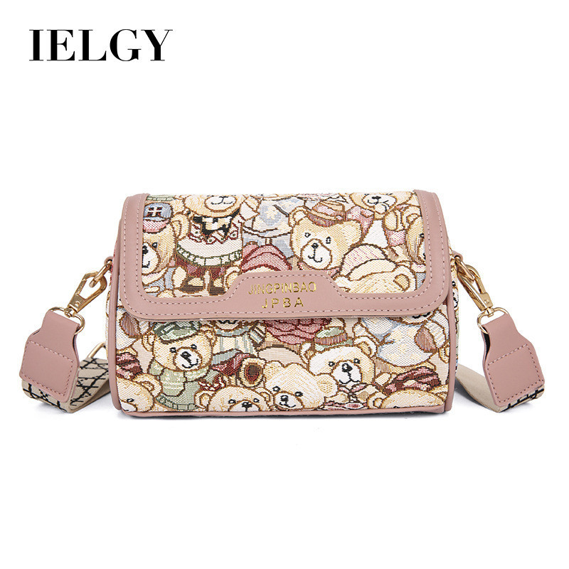 IELGY หมีปักกระเป๋าโทรศัพท์มือถืออารมณ์ลําลองไหล่ข้างเดียว ผู้สื่อสาร กระเป๋าสี่เหลี่ยมเล็ก
