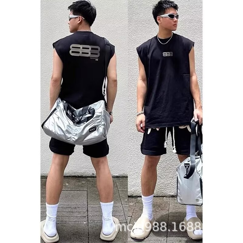 American Street Street Wear Hip-Hop Ruffian หล่อเสื้อกั๊กสีดําผ้าฝ้ายหนาหลวมสบายๆเสื้อแขนกุด