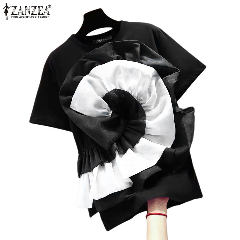 ZANZEA ซานเซีย เสื้อสตรีแฟชั่นเกาหลีแขนสั้นคอกลมสีทึบเสื้อลําลอง