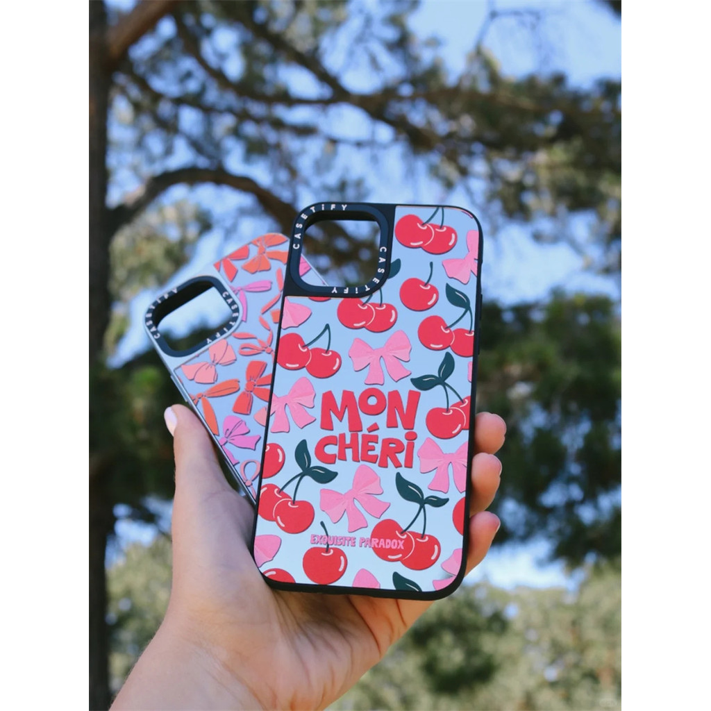 Casetify X ประณีต Paradox Cherry Bows แม่เหล็กดูด Black & Sliver กระจก IPhone กรณี IPhone 15 14 13 12 Pro Max Plus ฮาร์ดกลับกรณีฝาครอบกล่องแกะสลักโลโก้