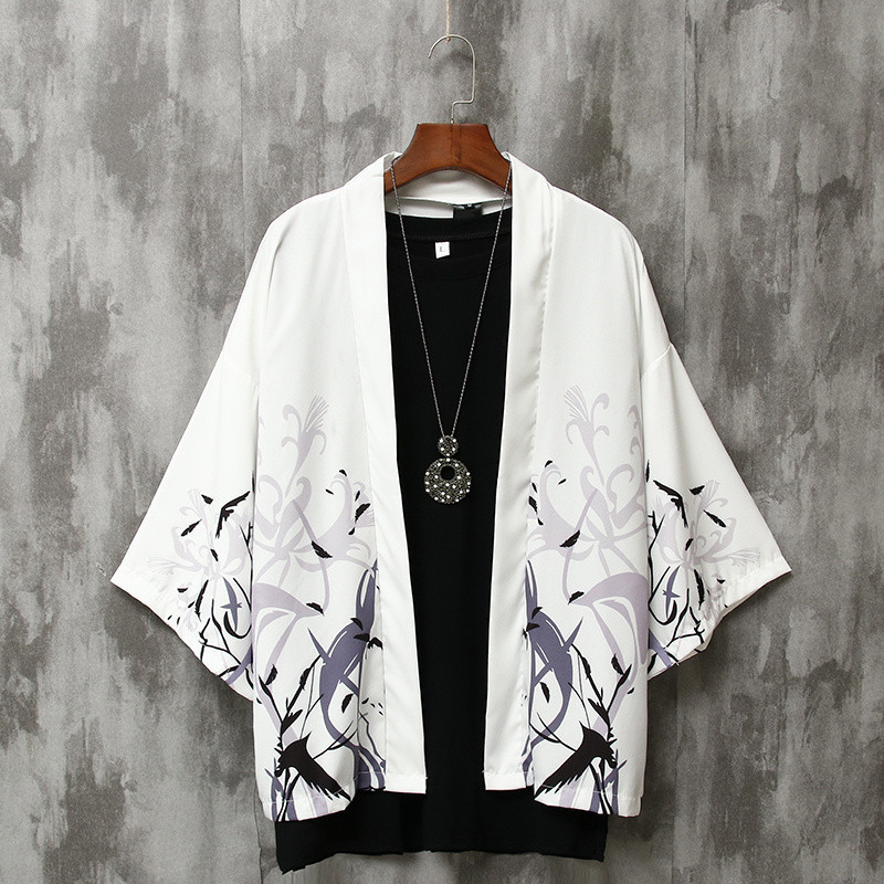 Casual kimono haori สำหรับชายแฟชั่นญี่ปุ่นชาย kimonos SAMURAI Crane พิมพ์เสื้อผู้ชาย PLUS ขนาดเสื้อผ้า vwj6