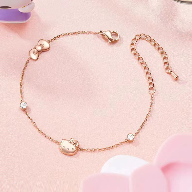 เครื่องประดับจี้โบว์เฮลโลคิตตี้, ซานริโอ, เกาหลี, น่ารัก, หวาน, ไม่ซ้ํากัน, การ์ตูน, แฟชั่นสร้อยข้อมือผู้หญิง, ระดับไฮเอนด์, เพชร, กุหลาบทอง, ของขวัญแฟน