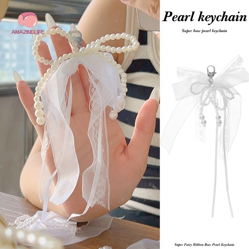 Y2k Ribbon Bowknot Pearls Bag Pendant - Elegant Heart Beaded Charm Keyring - Sweet Key Chain Phone Key Bag Hangings