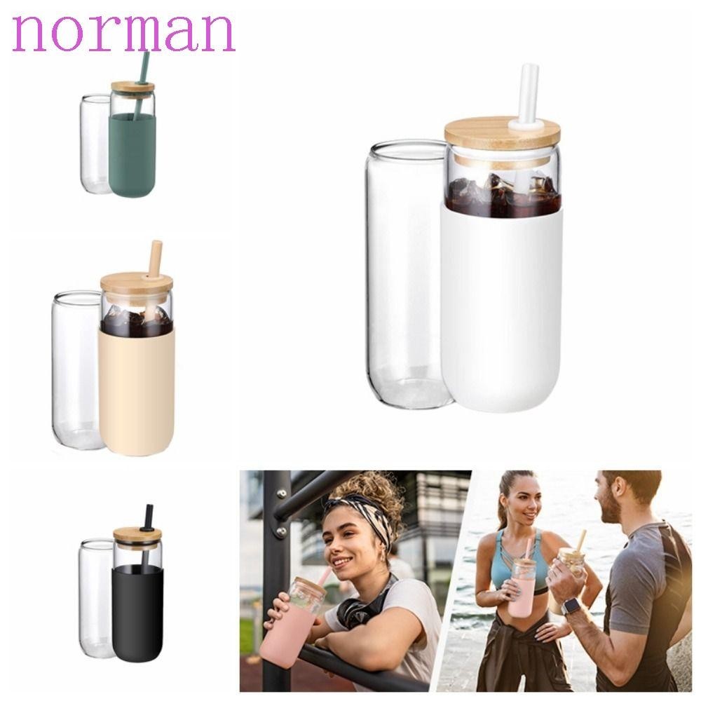 Norman ถ้วยแก้วพร้อมฝาปิดและหลอด, ซิลิโคนพร้อมแขนป้องกันแก้วน้ําดื่ม, ฝาไม้ไผ่แบบใช้ซ้ําได้ไม่ลื่น 4 สีถ้วยนมมอคค่า Boba ชา