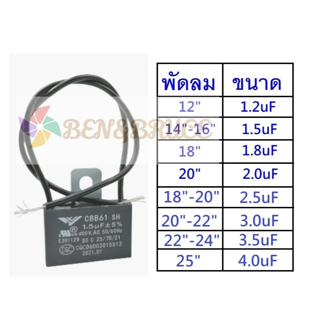 คาปาซิเตอร์ พัดลม​ มีสายไฟ ตัวเก็บประจุ Capacitor CBB61  1.2uF/1.5uF/1.8/2.0/2.5/3.0/3.5/4.0uF อะไหล