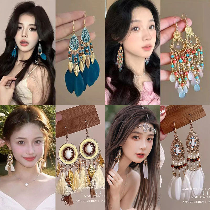 ต่างหูพู่สไตล์ชาติพันธุ์โบฮีเมียนสุภาพสตรีต่างหูย้อนยุค