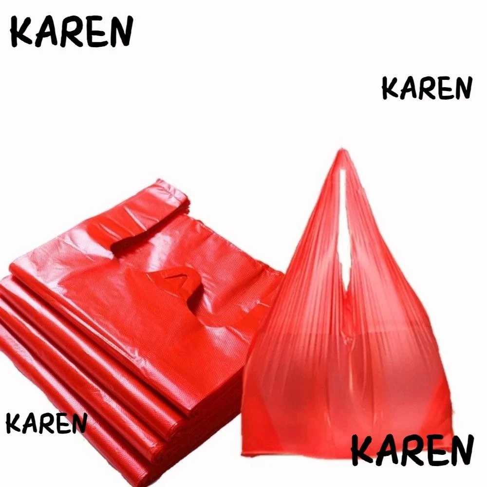 Karen ถุงพลาสติก 100 ชิ้น มีหูหิ้ว ถุงขยะสีแดง เครื่องมือสะอาด เสื้อกั๊กสไตล์ Thicken ถุงขยะช้อปปิ้ง