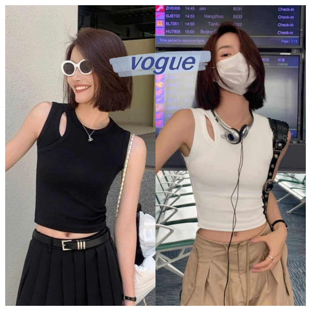 Vogue พร้อมส่ง เสื้อกั๊ก เนื้อผ้าใส่สบาย แขนกุด/สายเดี่ยว พร้อมแผ่นรองหน้าอก เสื้อครอป (FY1014) -H