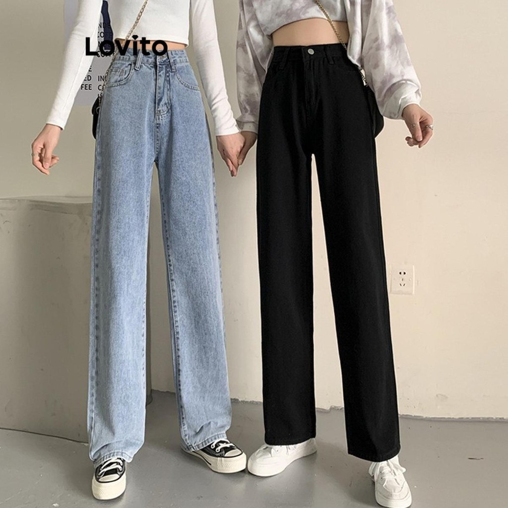 Lovito กางเกงยีนส์ผู้หญิง มีกระดุม สีพื้น สไตล์ลำลอง LNL64216