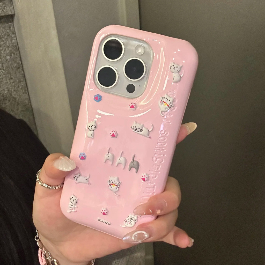 น่ารักสีทึบสามมิติแมวสติกเกอร์ลงแจ็คเก็ตเคสโทรศัพท์สําหรับ ไอโฟน15 14 13 12 มือโปร สูงสุด กันกระแทกกล้องป้องกันของเหลวนุ่มปกหลัง
