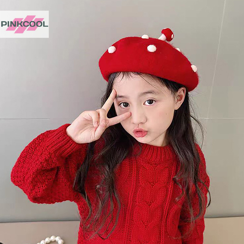 พิงค์คูล น่ารักสีแดงเห็ดสีขาวออกแบบสาวสุภาพสตรีจิตรกรหมวกฤดูใบไม้ร่วงฤดูหนาวพ่อแม่และลูกการชําระเงินหน่ออบอุ่นขนสัตว์ถักเบเร่ต์หมวกร้อน