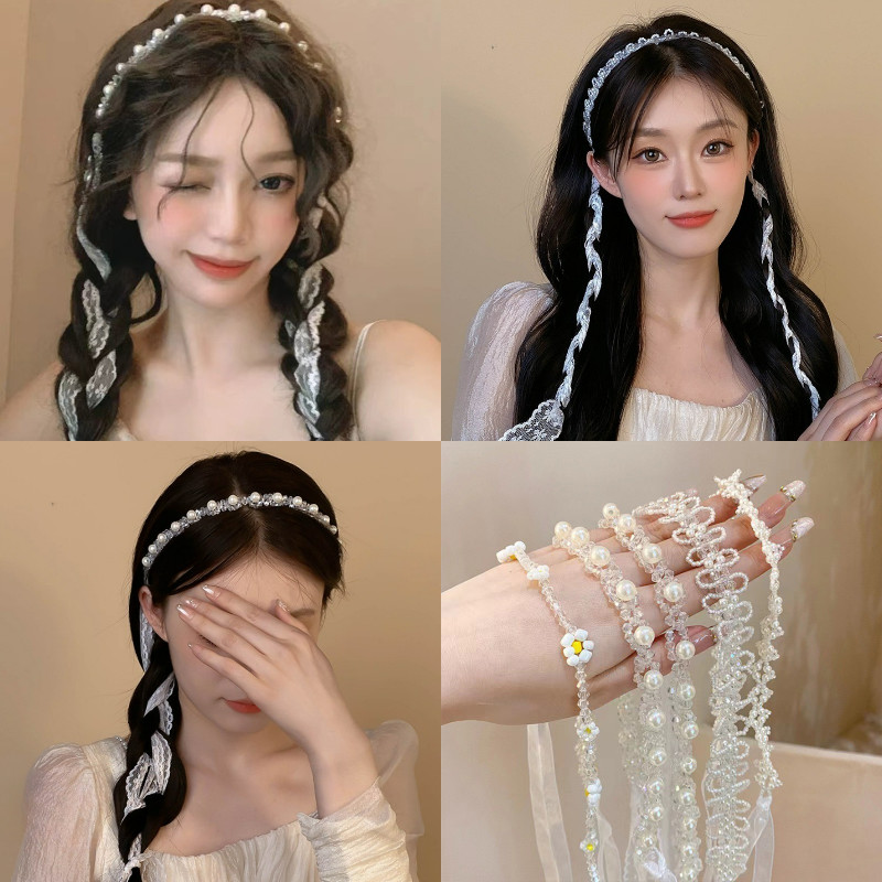 ที่คาดผมริบบิ้นมุกสีขาวแฟชั่นเกาหลีที่คาดผมหรูหราเครื่องประดับผมสําหรับสาวหวาน