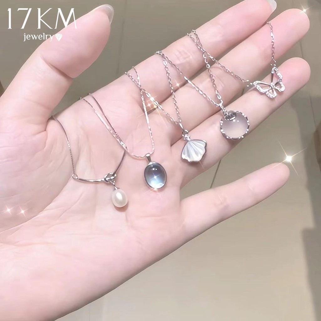 17KM ง่ายเชลล์โบว์สร้อยคอผีเสื้อเพทายมูนสโตนจี้โซ่เค้นคอสําหรับผู้หญิงอุปกรณ์เครื่องประดับ