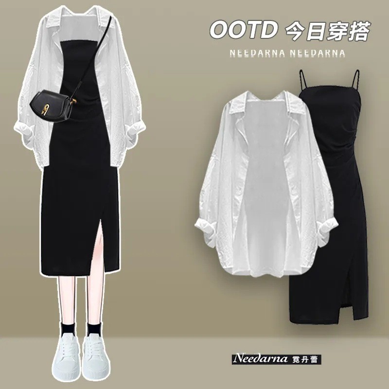 พลัสขนาดผู้หญิงฤดูใบไม้ผลิชุดผู้หญิง 2024 สไตล์ใหม่ High-End เสื้อ Slimmer ดูสลิงชุดชุดสองชิ้น I7TL