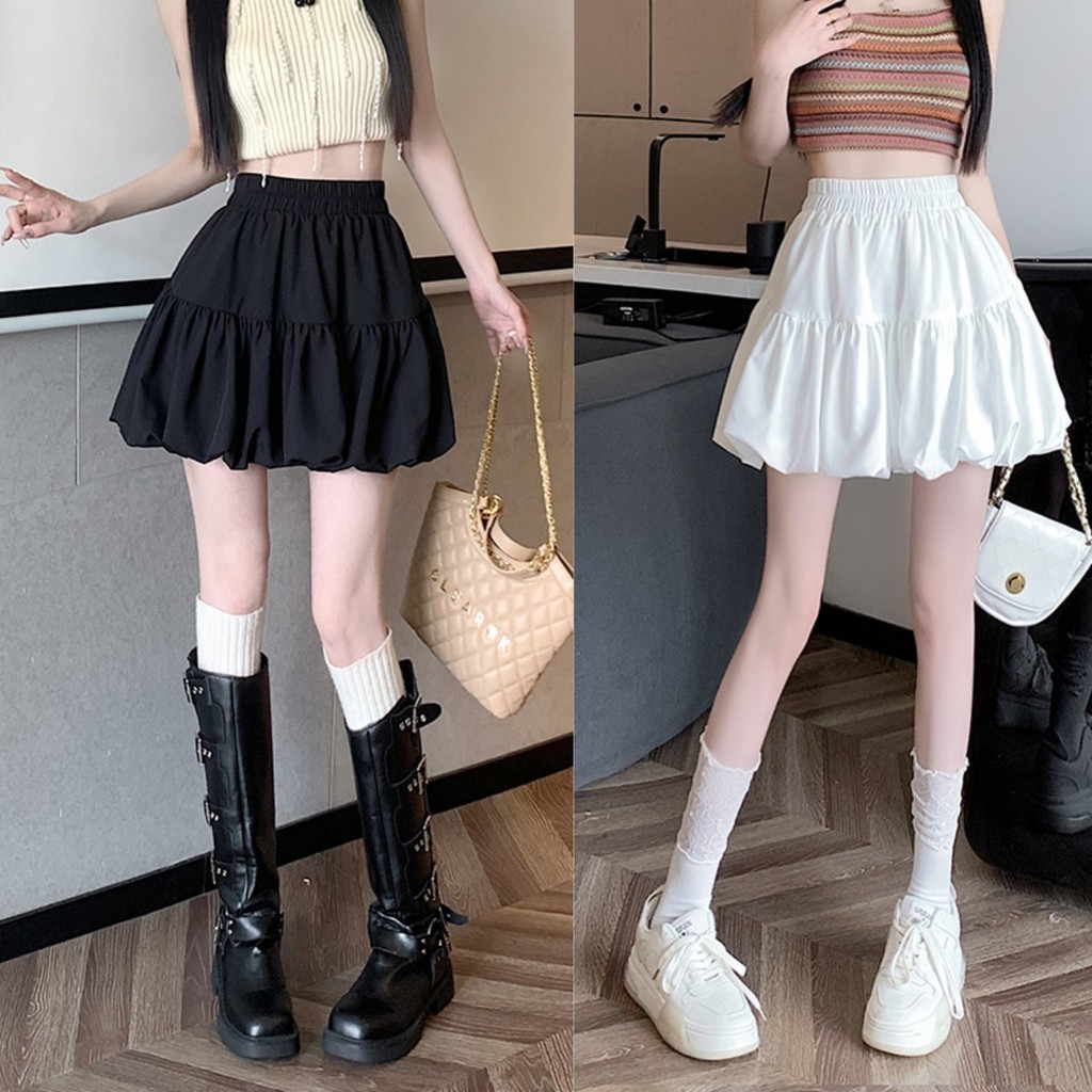 Luna Shop กระโปรงสั้นสีขาวดำหวานสไตล์บัลเล่ต์ กระโปรงดอกตูม