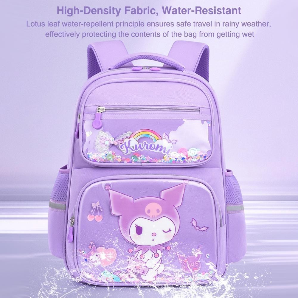 กระเป๋านักเรียน ESTRENAR สําหรับเด็กผู้หญิง, กระเป๋าเป้เด็ก Sanrio Kuromi, กระเป๋าเป้นักเรียนหญิงวัยรุ่นการ์ตูนน้ําหนักเบาสําหรับนักเรียนชั้นประถมศึกษาอนุบาล