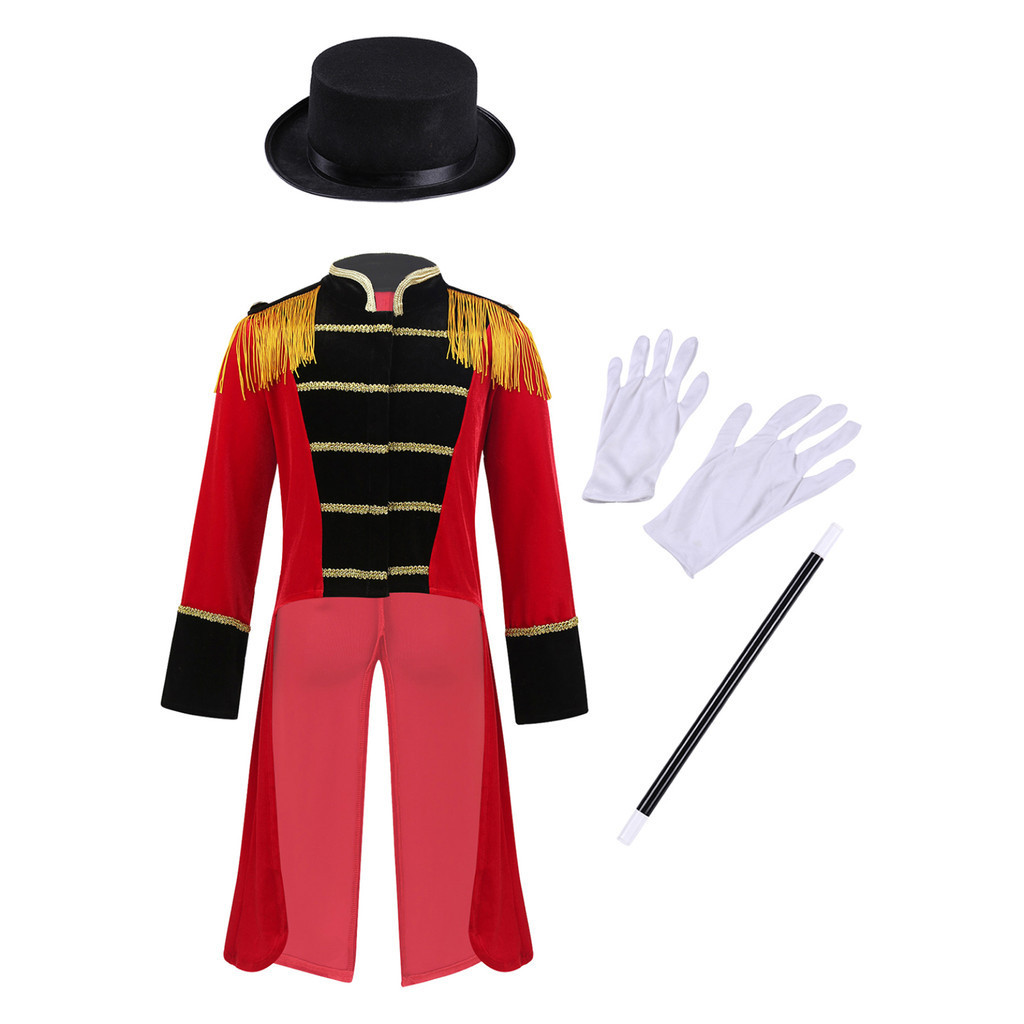 เด็กเด็กฮาโลวีน Carnival Circus Ringmaster Showman คอสเพลย์ประสิทธิภาพเครื่องแต่งกายแขนยาว Tailcoat กับหมวก Magic Wand ถุงมือ