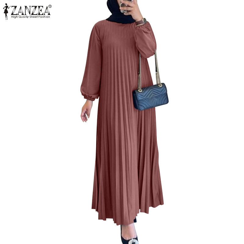 ZANZEA ใส่ ซานเซีย ผู้หญิงมุสลิมแฟชั่นลูกเรือคอยาวแขนยาวจีบสีทึบ ก มิ้ม ชุด