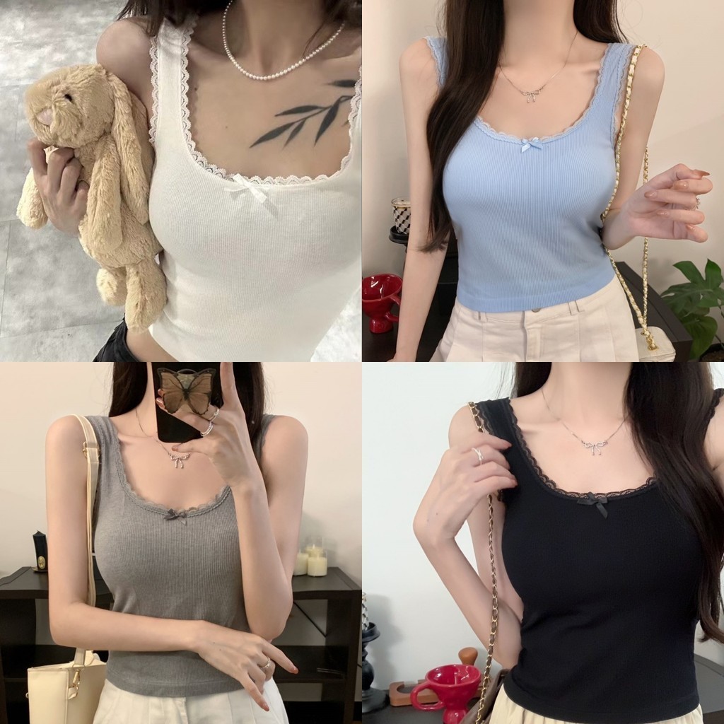 Anne เสื้อสายเดี่ยว มีฟองน้ำ สีพื้น ลูกไม้ แต่งโบว์ ผ้ายืด เสื้อกล้ามผู้หญิง น่ารักๆ มินิมอล #FY2082-P