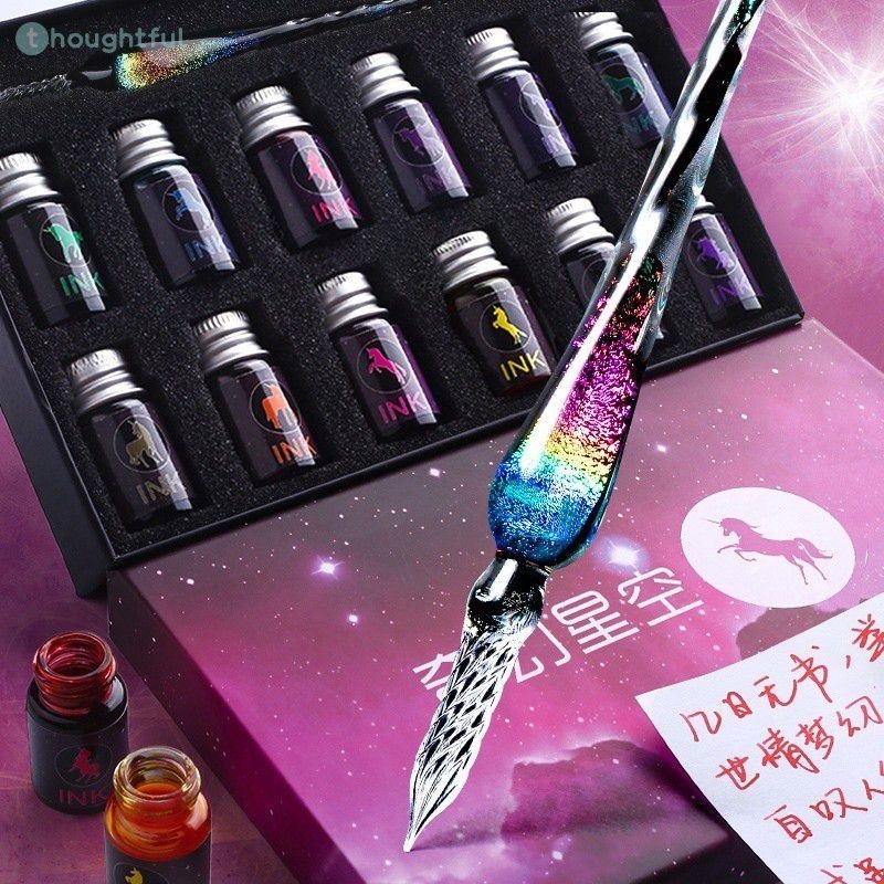 Glitter ปากกาแก้วชุด 12 หมึกแก้วปากกา Caligraphy ชุดของขวัญลายเซ็นวาดบัตรของขวัญการเขียนปากกาแก้วชุด TH