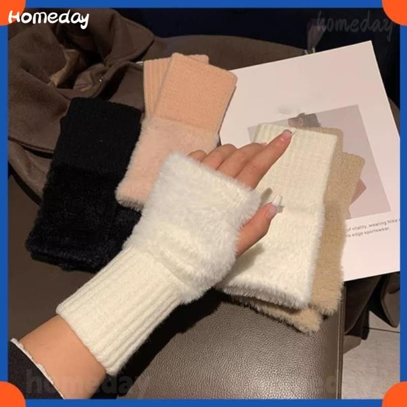 ผู้หญิงมิงค์ขนแกะถุงมือครึ่งนิ้วถุงมือถัก ไม่มีนิ้ว สีขาวหรูหราอบอุ่นนุ่มหรูหราเขียนถุงมือข้อมือฤดูหนาว