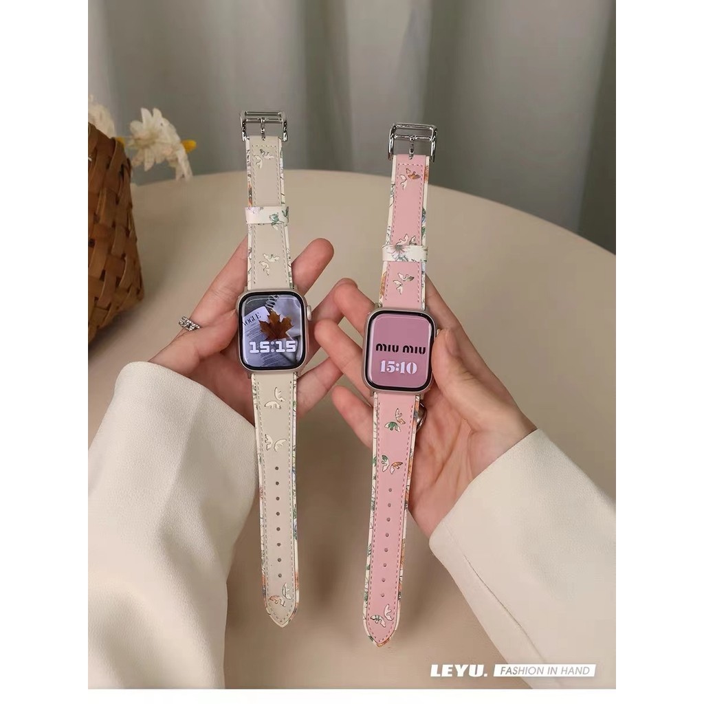 การจับคู่สี Hollow Butterfly หนังแท้ S9 [สายนาฬิกา] เหมาะสําหรับ Applewatch8765S E Universal iwatch 