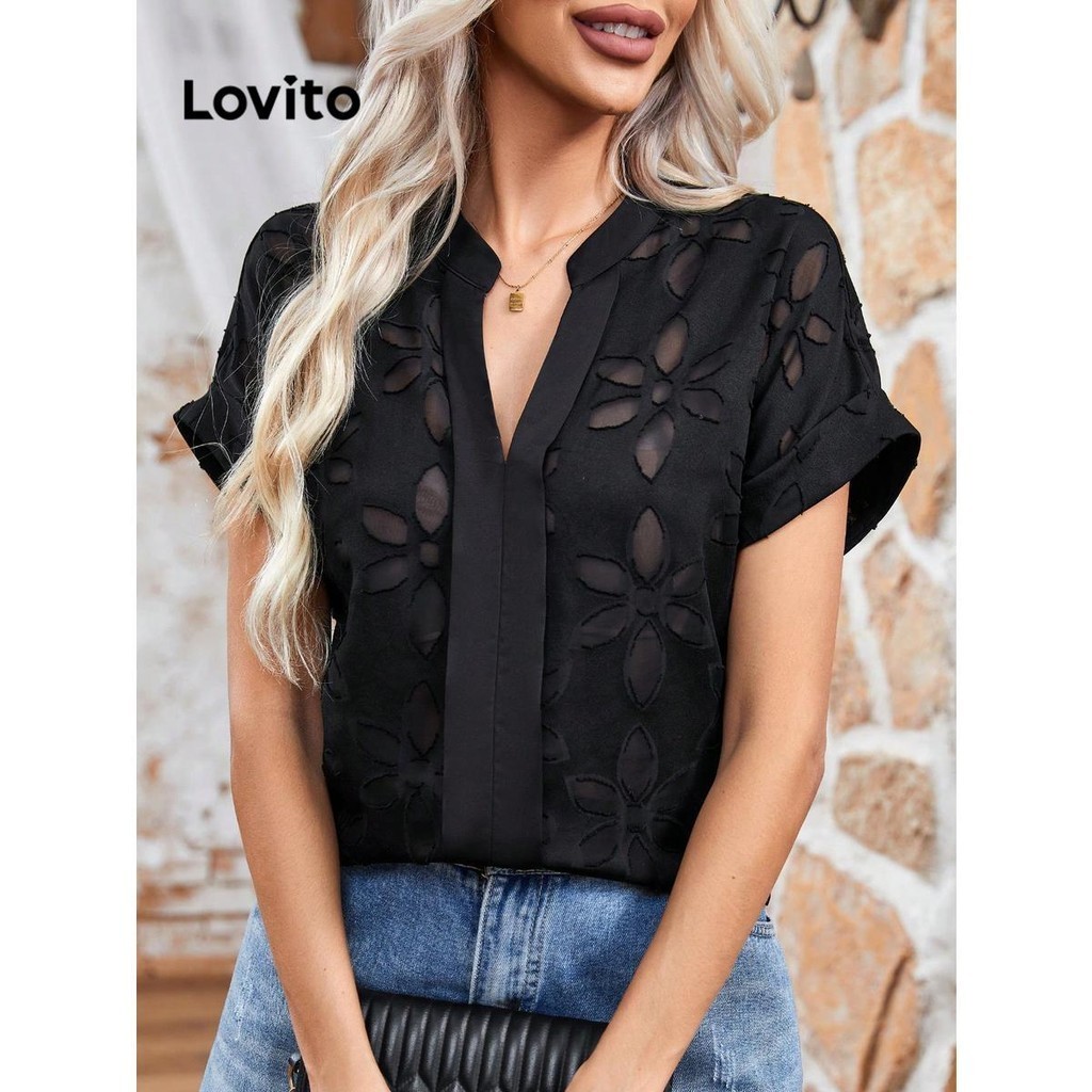 Lovito เสื้อเบลาส์ผ้า แจ็คการ์ด ธรรมดาที่หรูหราสง่างามสำหรับผู้หญิง LNL73240