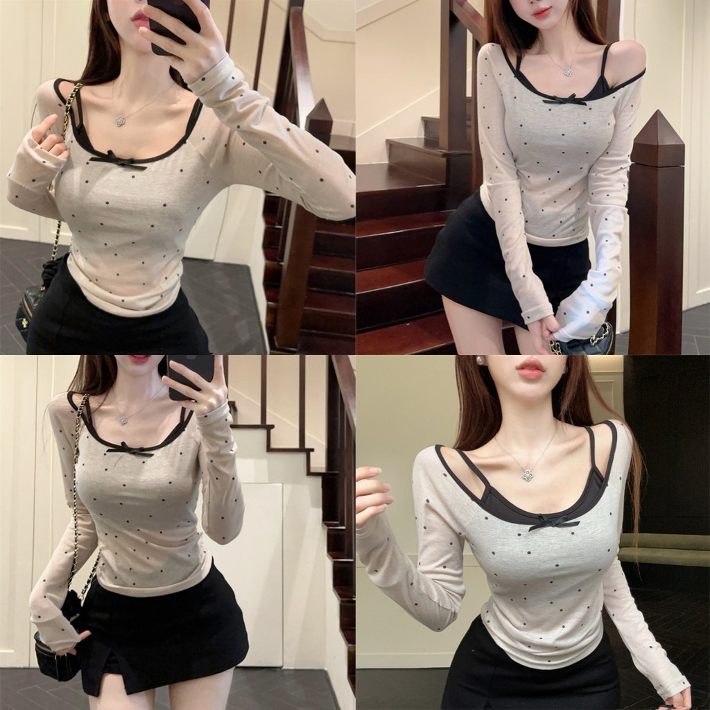 Bonnie เสื้อยืด+เสื้อกล้าม คอกลม แขนยาว set 2 ชิ้น ประดับโบว์ เสื้อแฟชั่น หญิง ทรงเกาหลี น่ารักมาก ใส่สบาย#FY634