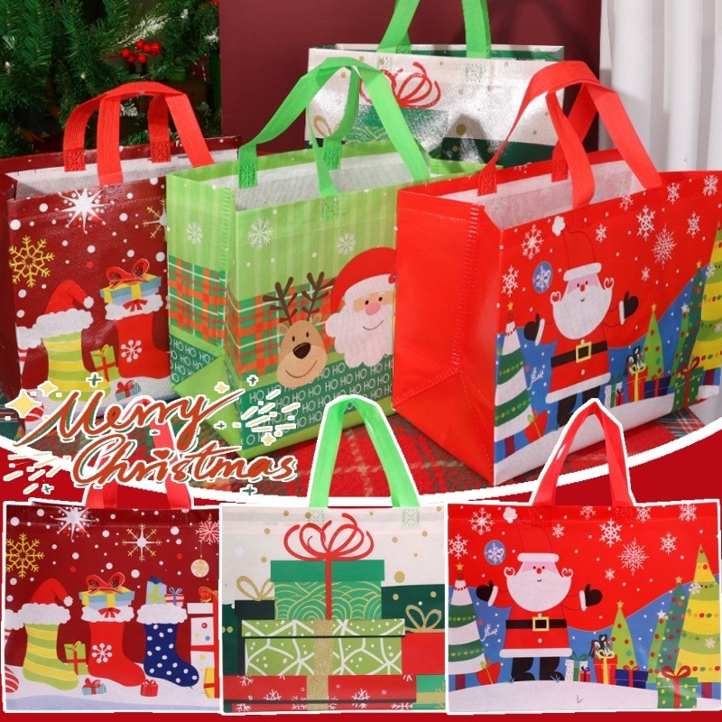 Santa Elk Snowflake Non-Woven Tote Bag - กระเป๋าถือคริสต์มาส - ถุงบรรจุพิมพ์คริสต์มาส - ถุงบรรจุภัณฑ์ของขวัญขนม - ถุงเก็บ Eco