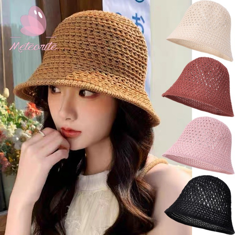 Summer Hollow Breathable Braid Bucket Hat - ผู้หญิงถักหมวกชาวประมง - หมวกกันแดดลําลองหวาน