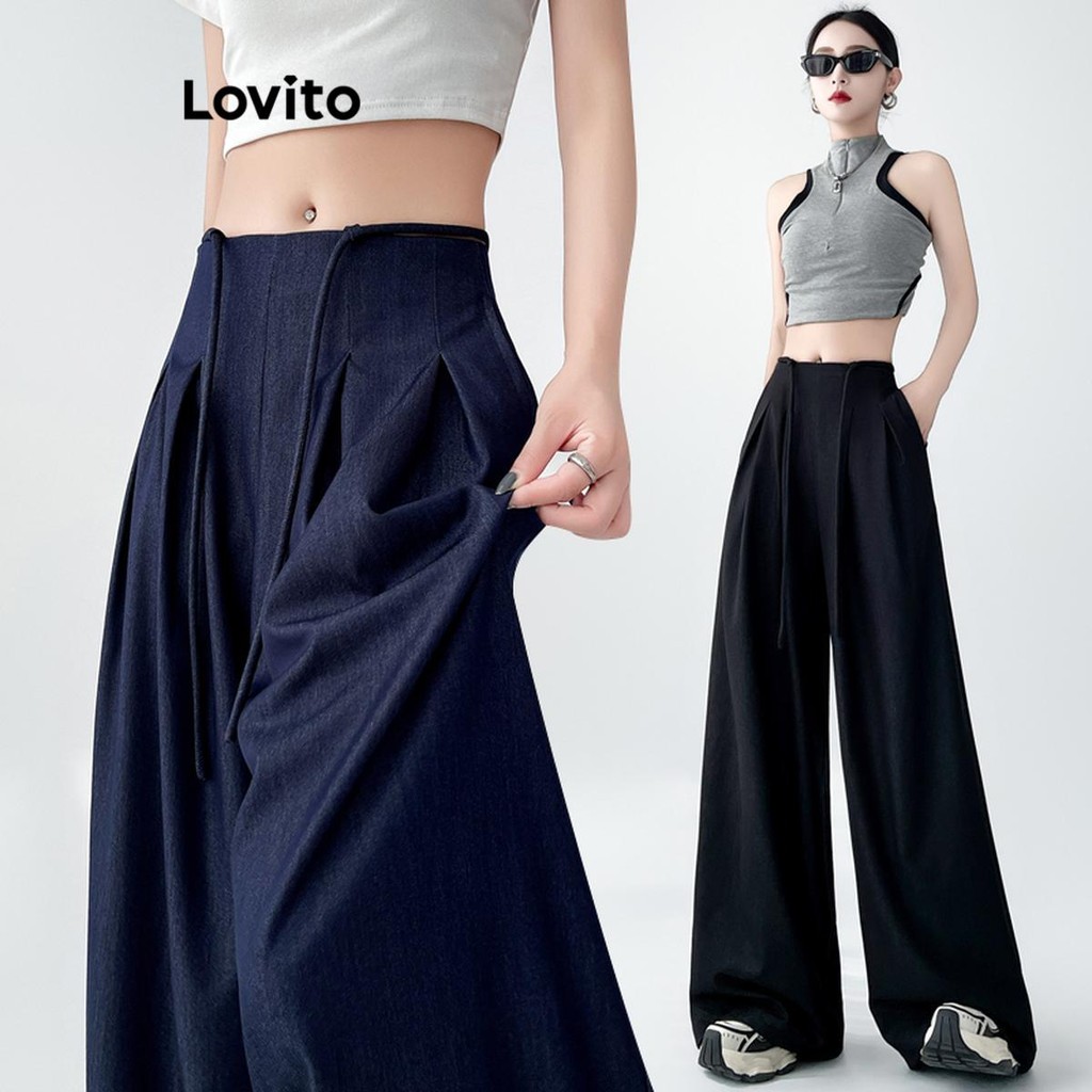 Lovito กางเกงยีนส์ผู้หญิง มีจีบ สีพื้น สไตล์วินเทจ LNA67355