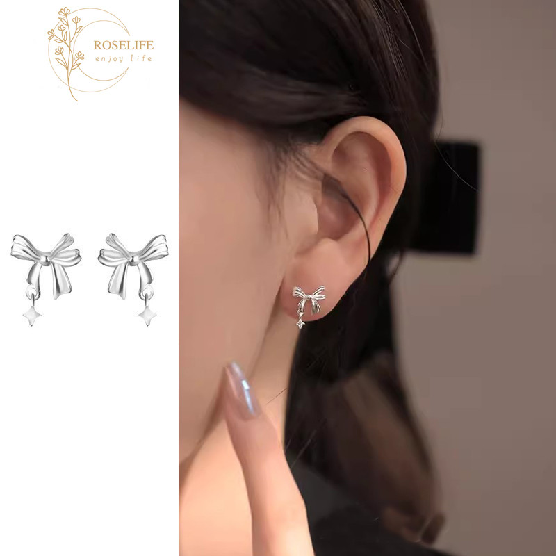 Roselife S925 Silver Star Bow Stud ต่างหูสําหรับผู้หญิงสาวหมั้น Bowknot หูเครื่องประดับอุปกรณ์เสริม 1 คู่